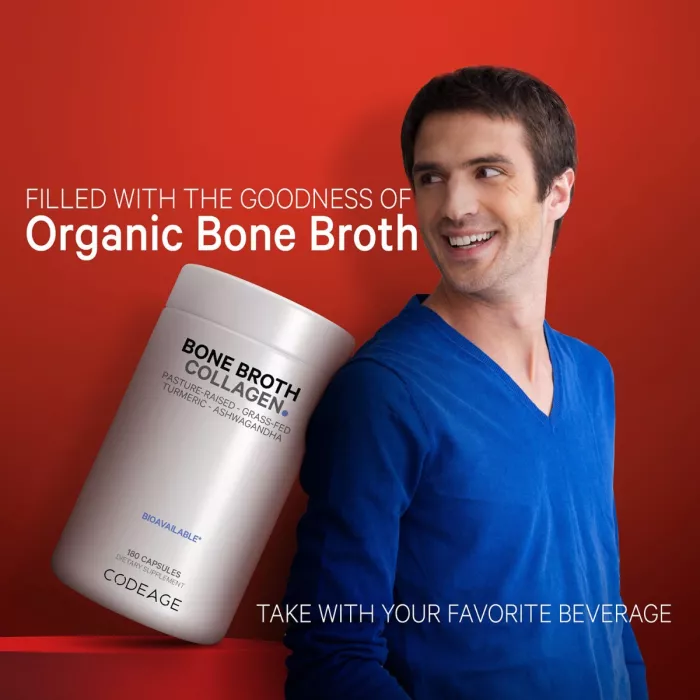 Codeage Bone Broth Collagen Peptides, Peptide Din Colagen De Tipul I, Ii & Iii Din Fiertura De Oase Cu Turmeric Si Ashwagandha, 180 Cps Codeage Bone Broth Collagen Peptides, Peptide Din Colagen De Tipul I, Ii & Iii Din Fiertura De Oase Cu Turmeric Si Ashwagandha, 180 Cps