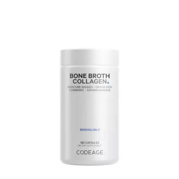 Codeage Bone Broth Collagen Peptides, Peptide Din Colagen De Tipul I, Ii & Iii Din Fiertura De Oase Cu Turmeric Si Ashwagandha, 180 Cps