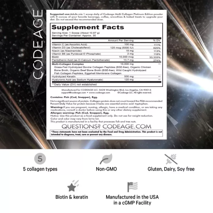 Codeage Platinum Multi Collagen Peptides, Peptide De Colagen Cu Biotina, Keratina Si Acid Hialuronic, 323 G Codeage Platinum Multi Collagen Peptides, Peptide De Colagen Cu Biotina, Keratina Si Acid Hialuronic, 323 G