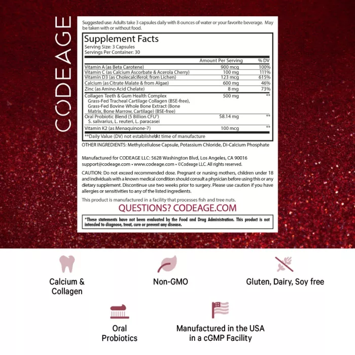 Codeage Teeth & Gums Vitamins, Daily Multivitamins & Minerals + Collagen, Complex De Vitamine, Minerale Si Colagen Pentru Dinti Si Gingii, 90 Cps Codeage Teeth & Gums Vitamins, Daily Multivitamins & Minerals + Collagen, Complex De Vitamine, Minerale Si Colagen Pentru Dinti Si Gingii, 90 Cps
