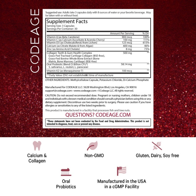 Codeage Teeth & Gums Vitamins, Daily Multivitamins & Minerals + Collagen, Complex De Vitamine, Minerale Si Colagen Pentru Dinti Si Gingii, 90 Cps