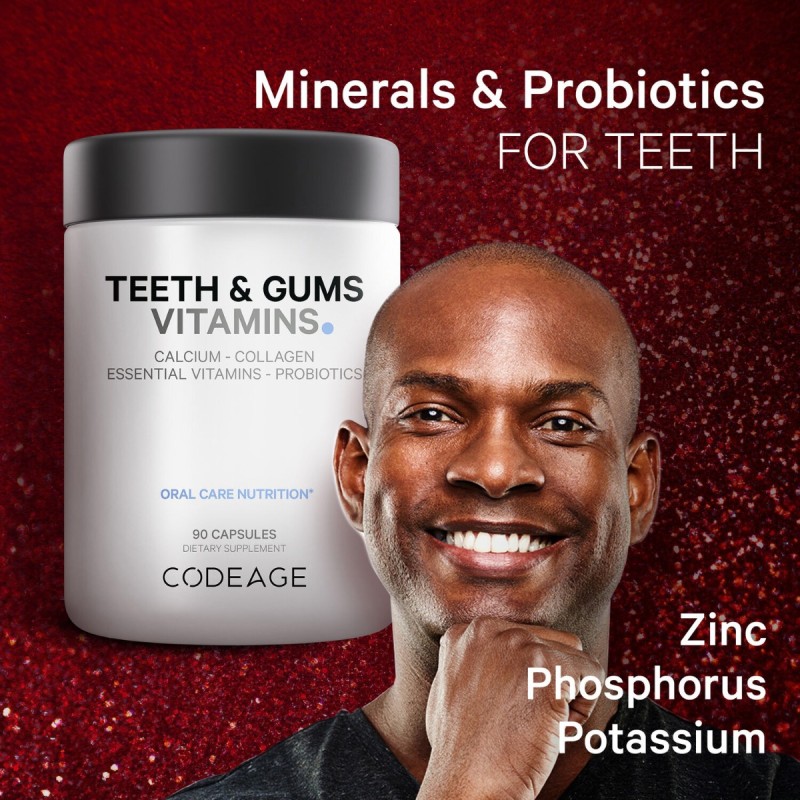Codeage Teeth & Gums Vitamins, Daily Multivitamins & Minerals + Collagen, Complex De Vitamine, Minerale Si Colagen Pentru Dinti Si Gingii, 90 Cps