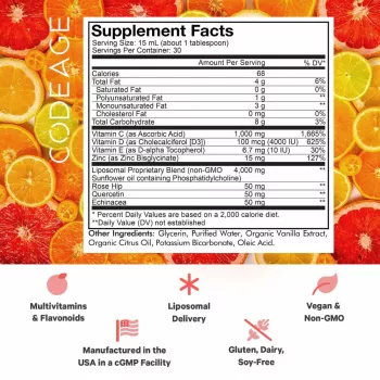Codeage Nanofood Wonder-c Liposomal Liquid Vitamin C, D3 & Zinc, Vitamina C Lipozomala Lichida Cu D3 Si Zinc, Cu Aroma De Portocala Cu Mandarina, 473 Ml
