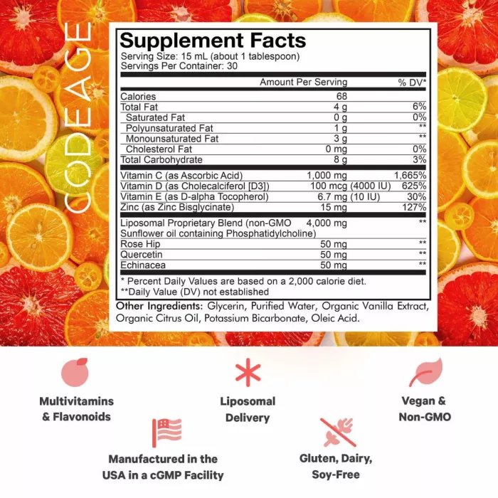 Codeage Nanofood Wonder-c Liposomal Liquid Vitamin C, D3 & Zinc, Vitamina C Lipozomala Lichida Cu D3 Si Zinc, Cu Aroma De Portocala Cu Mandarina, 473 Ml