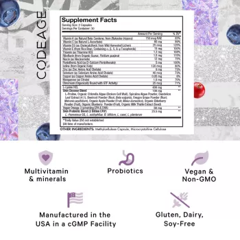 Codeage Teen Clearface Daily Multivitamin & Minerals, Complex De Multivitamine Pentru Adolescenti Pentru Ten Sanatos, 60 Cps