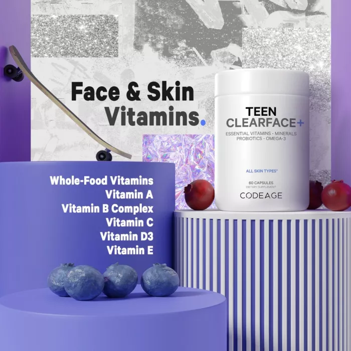 Codeage Teen Clearface Daily Multivitamin & Minerals, Complex De Multivitamine Pentru Adolescenti Pentru Ten Sanatos, 60 Cps Codeage Teen Clearface Daily Multivitamin & Minerals, Complex De Multivitamine Pentru Adolescenti Pentru Ten Sanatos, 60 Cps