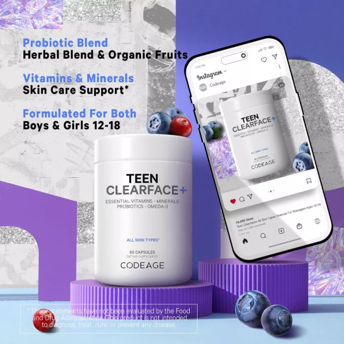 Codeage Teen Clearface Daily Multivitamin & Minerals, Complex De Multivitamine Pentru Adolescenti Pentru Ten Sanatos, 60 Cps Codeage Teen Clearface Daily Multivitamin & Minerals, Complex De Multivitamine Pentru Adolescenti Pentru Ten Sanatos, 60 Cps