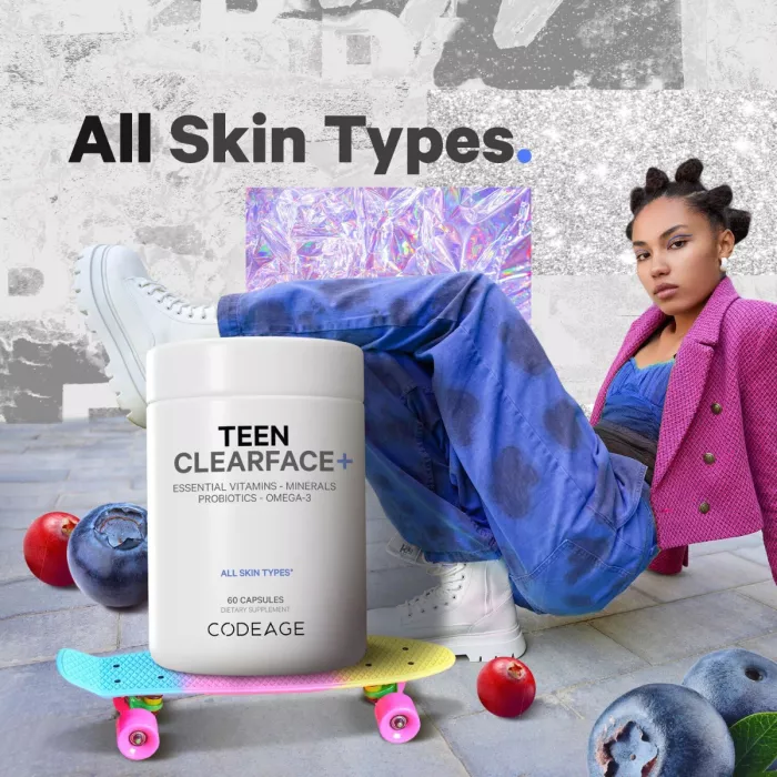 Codeage Teen Clearface Daily Multivitamin & Minerals, Complex De Multivitamine Pentru Adolescenti Pentru Ten Sanatos, 60 Cps Codeage Teen Clearface Daily Multivitamin & Minerals, Complex De Multivitamine Pentru Adolescenti Pentru Ten Sanatos, 60 Cps