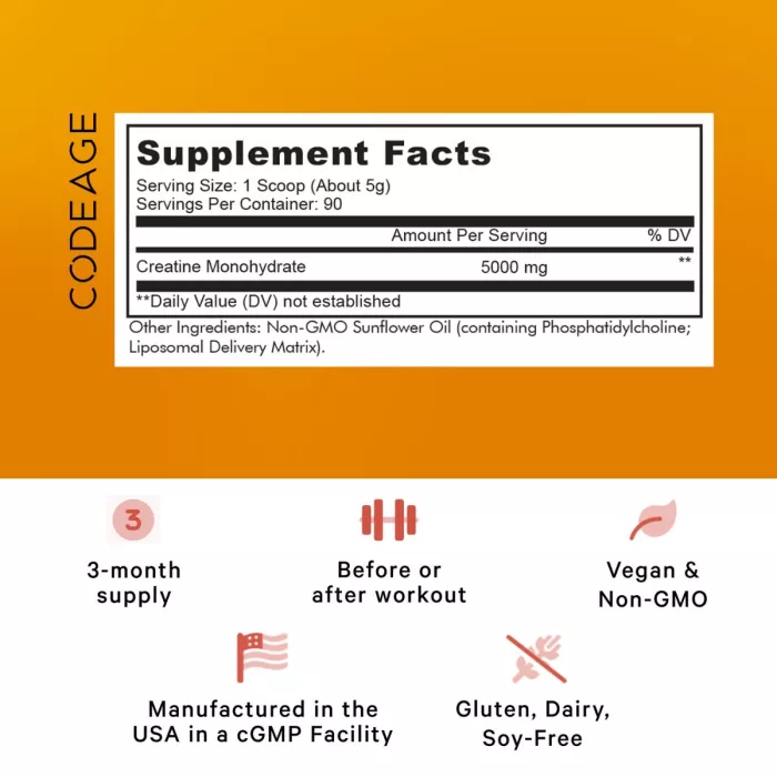 Codeage Liposomal Creatine Monohydrate, Creatina Monohidrata Lipozomala, 455 G Codeage Liposomal Creatine Monohydrate, Creatina Monohidrata Lipozomala, 455 G