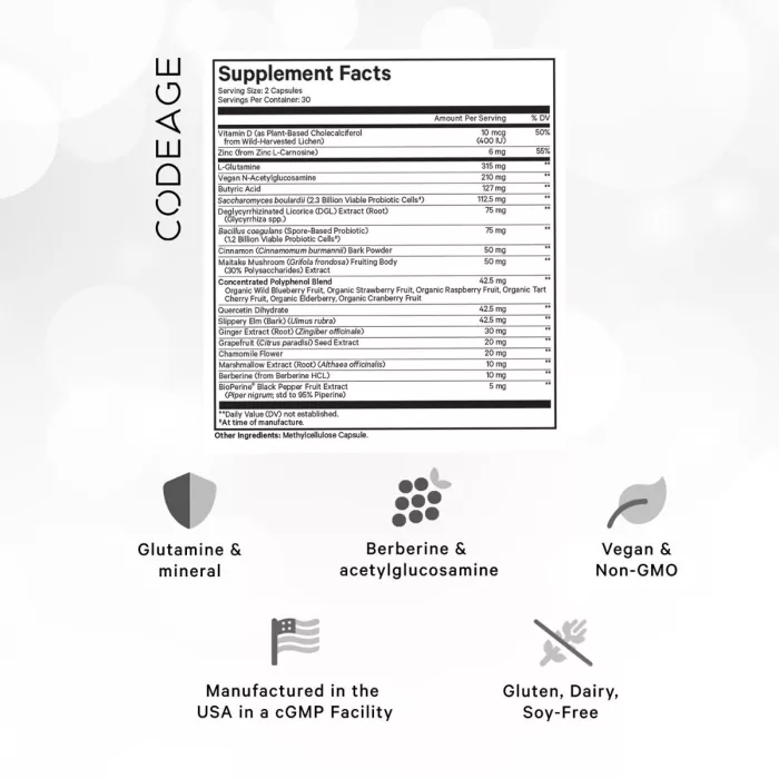 Codeage Leaky Gut Supplement - L-glutamine, Prebiotics, Probiotics, Postbiotic, Formula Avansata Pentru Sanatatea Intestinala, 60 Cps Codeage Leaky Gut Supplement - L-glutamine, Prebiotics, Probiotics, Postbiotic, Formula Avansata Pentru Sanatatea Intestinala, 60 Cps
