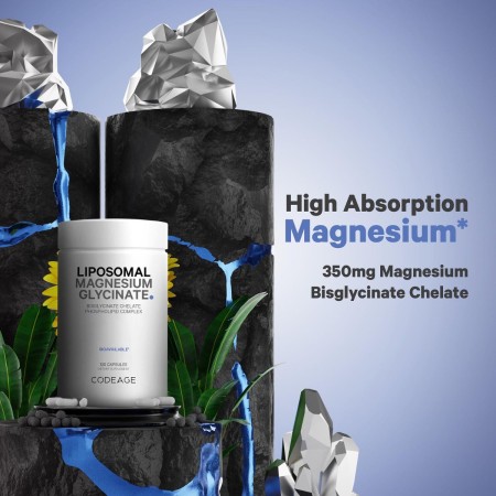 Codeage Liposomal Magnesium Glycinate, Magneziu Bisglicinat Lipozomal Cu Bioperine - Formula Avansata Pentru Absorbtie Superioara, 120 Cps