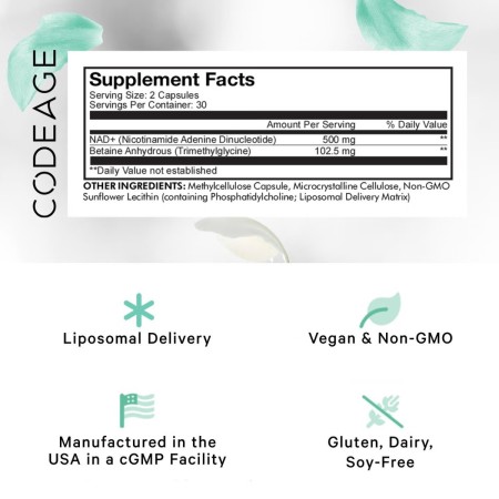 Codeage Liposomal Nad+ Eternal, Nicotinamide Adenine Dinucleotide, Nad+ Liposomal Cu Betaina Tmg, 60 Cps