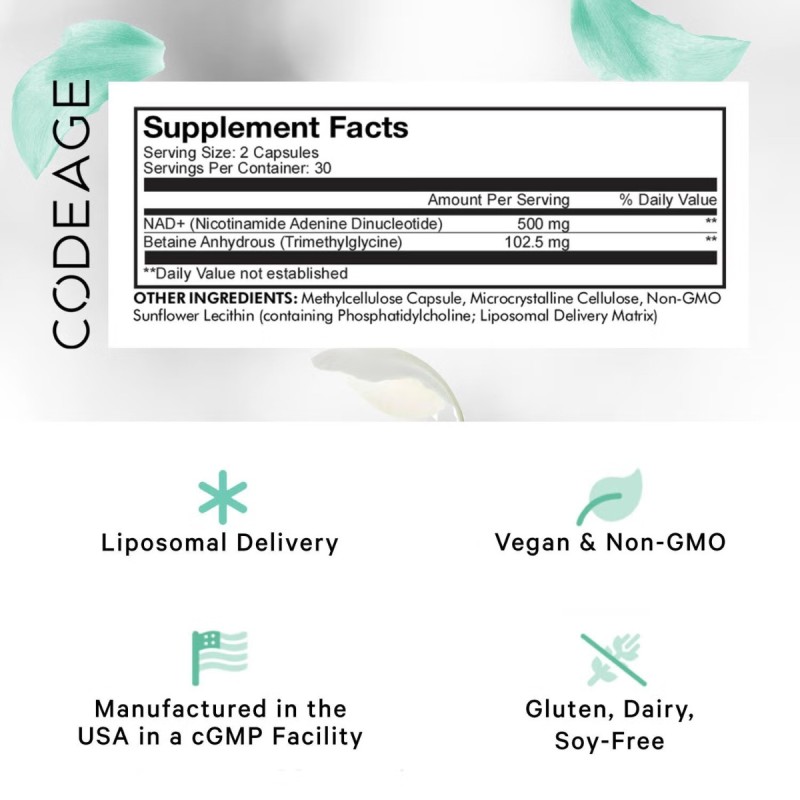 Codeage Liposomal Nad+ Eternal, Nicotinamide Adenine Dinucleotide, Nad+ Liposomal Cu Betaina Tmg, 60 Cps