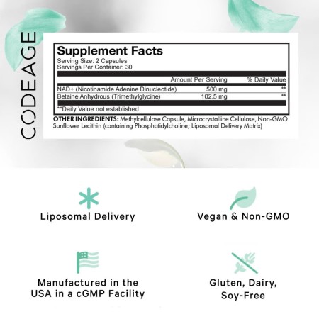 Codeage Liposomal Nad+ Eternal, Nicotinamide Adenine Dinucleotide, Nad+ Liposomal Cu Betaina Tmg, 60 Cps