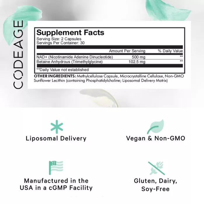 Codeage Liposomal Nad+ Eternal, Nicotinamide Adenine Dinucleotide, Nad+ Liposomal Cu Betaina Tmg, 60 Cps Codeage Liposomal Nad+ Eternal, Nicotinamide Adenine Dinucleotide, Nad+ Liposomal Cu Betaina Tmg, 60 Cps