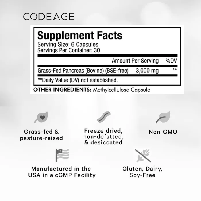 Codeage Grass-fed Beef Pancreas, Formula Premium Pentru Sustinerea Pancreasului, 180 Cps