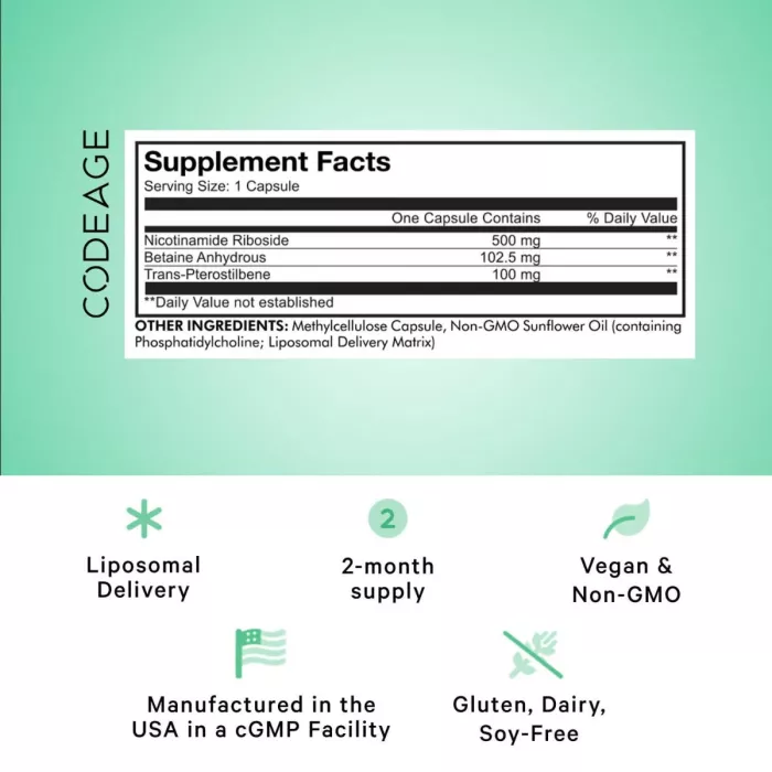 Codeage Liposomal Nicotinamide Riboside+, Nr+ Nicotinamida Lipozomala Ribozida + Tmg Si Pterostilben, 60 Cps Codeage Liposomal Nicotinamide Riboside+, Nr+ Nicotinamida Lipozomala Ribozida + Tmg Si Pterostilben, 60 Cps