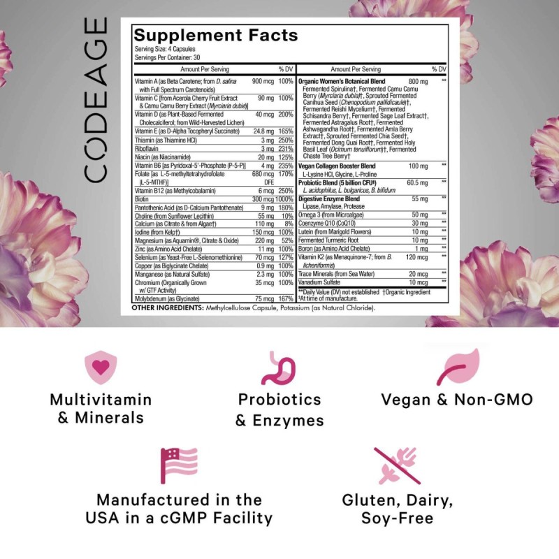 Codeage Women’s Fermented Multivitamin, Multivitamine Fermentate Pentru Femei Cu Coq10, Probiotice, Omega 3, 120 Cps