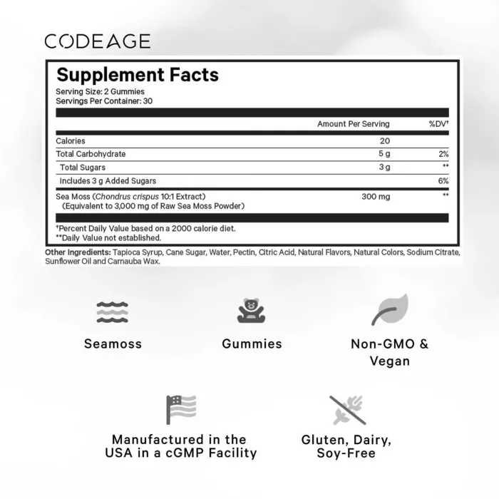 Codeage Sea Moss Gummies, Formula Cu Sea Moss Pentru Imunitate, Energie Si Vitalitate Cu Aroma De Capsuni, 60 Jeleuri