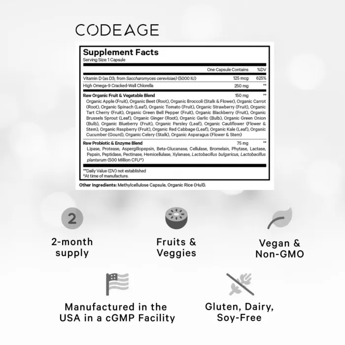 Codeage Raw Vitamin D3, Vitamina D3 (5000 Iu) Naturala Din Saccharomyces Cerevisiae, 60 Cps Codeage Raw Vitamin D3, Vitamina D3 (5000 Iu) Naturala Din Saccharomyces Cerevisiae, 60 Cps