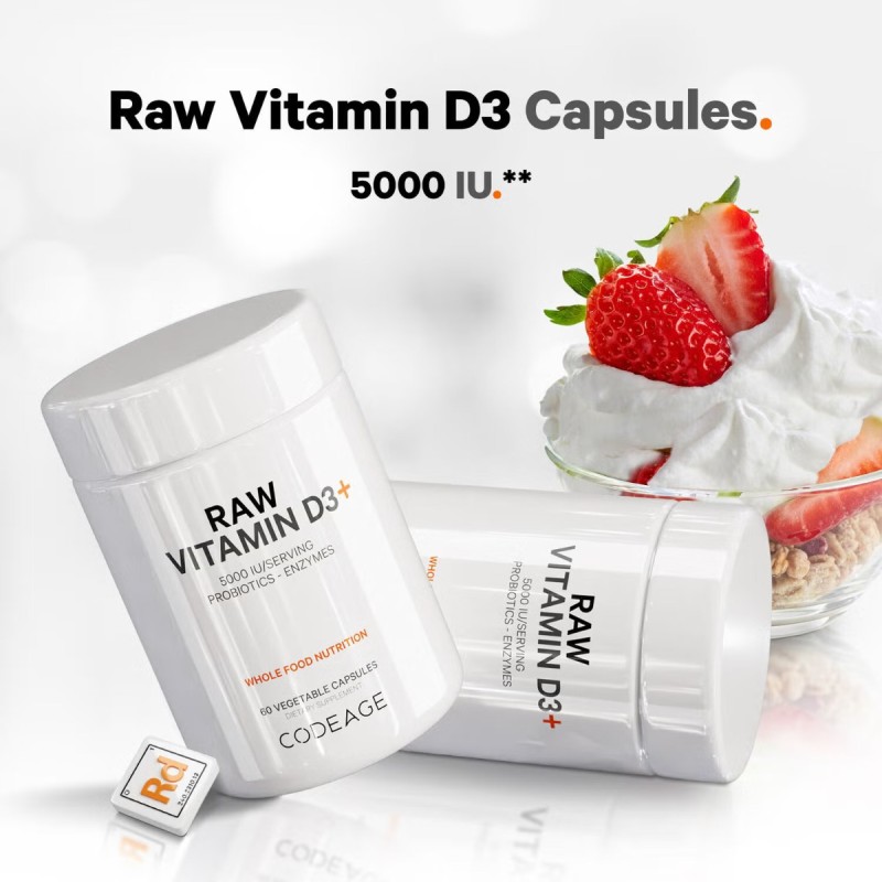 Codeage Raw Vitamin D3, Vitamina D3 (5000 Iu) Naturala Din Saccharomyces Cerevisiae, 60 Cps