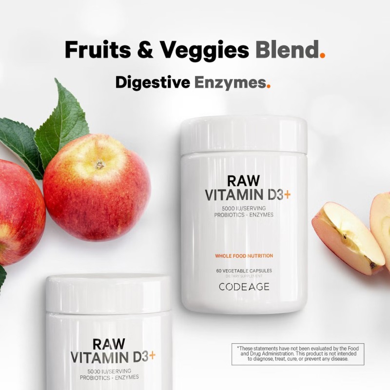Codeage Raw Vitamin D3, Vitamina D3 (5000 Iu) Naturala Din Saccharomyces Cerevisiae, 60 Cps