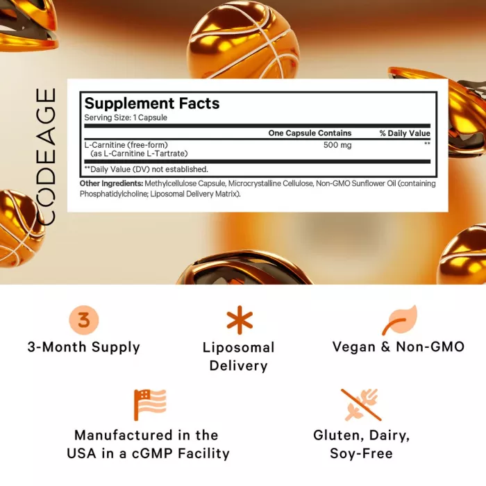 Codeage Liposomal L-carnitine+ , L-carnitina Lipozomala Pentru Energie Celulara Si Suport Metabolic, 90 Cps Codeage Liposomal L-carnitine+ , L-carnitina Lipozomala Pentru Energie Celulara Si Suport Metabolic, 90 Cps