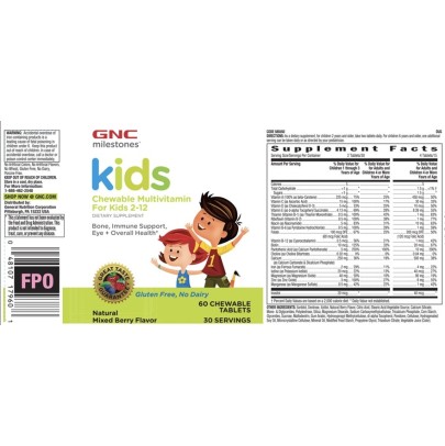 Milestones Kids, Multivitamine Pentru Copii 2-12 Ani, Cu Aroma Naturala De Fructe De Padure (60 Tablete), GNC