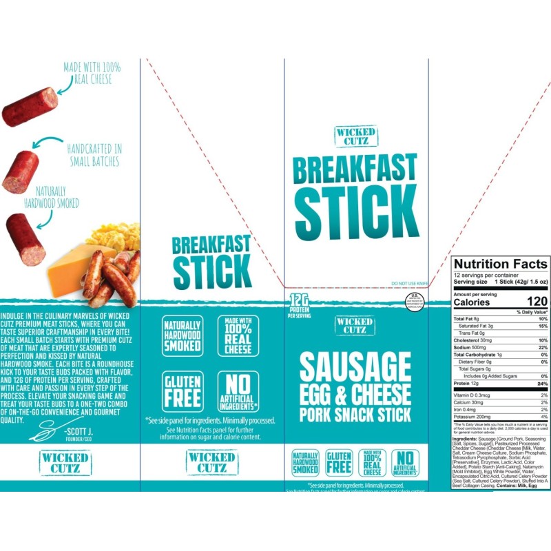 Wicked Cutz Sausage Egg & Cheese Stick, Baton Cu Carnacior, Oua Si Branza, 42 G