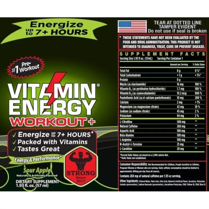 Vitamin Energy Workout+ Liquid Supplement, Shot Cu Vitamine Pentru Performanta Si Energie, Cu Aroma De Mar Verde, 57 Ml