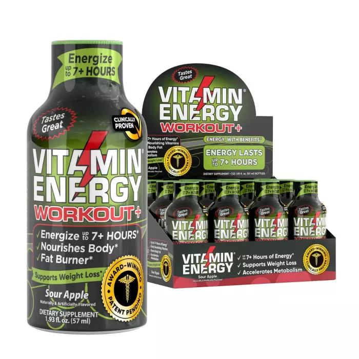 Vitamin Energy Workout+ Liquid Supplement, Shot Cu Vitamine Pentru Performanta Si Energie, Cu Aroma De Mar Verde, 57 Ml