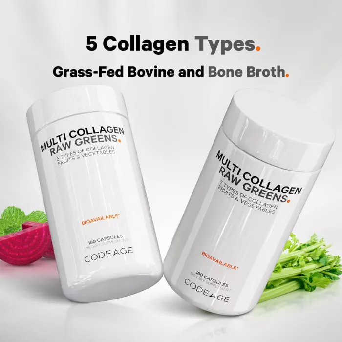 Codeage Hydrolyzed Multi Collagen Peptides Raw Greens With 21 Fruits & Veggies, Peptide De Colagen Hidrolizat Si 21 Superalimente Organice, 180 Cps