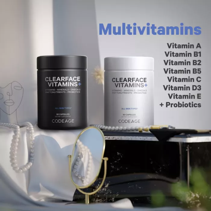 Codeage Clearface Vitamins, Daily Multivitamin, Minerals Herbs, Complex De Multivitamine Si Plante Pentru Piele Si Sanatate Generala Pentru Adolescenti, 90 Cps