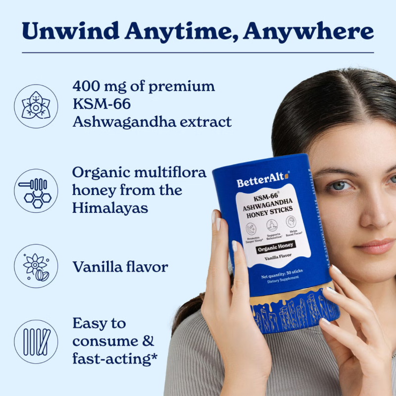 Better Alt Ksm-66 Ashwagandha Honey Sticks, Pliculete De Ashwagandha Si Miere, 30 Pliculete