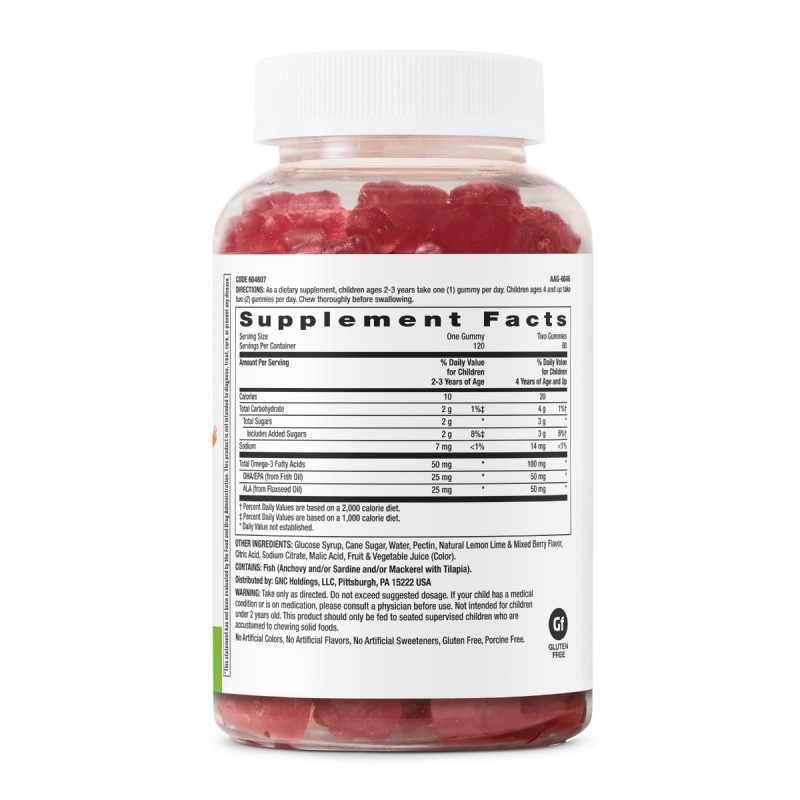 Gnc Milestones Kids Gummy Omega+dha For Kids 2-12, Jeleuri Cu Omega Dha Pentru Dezvoltarea Cognitiva Si Sanatatea Ochilor La Copii, Cu Aroma Naturala De Fructe De Padure Si Lamaie, 120 Jeleuri