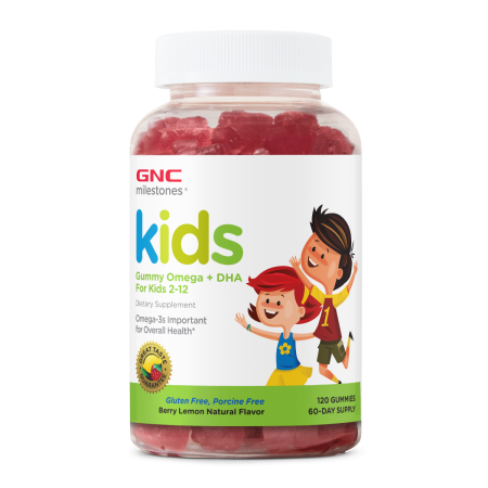 Gnc Milestones Kids Gummy Omega+dha For Kids 2-12, Jeleuri Cu Omega Dha Pentru Dezvoltarea Cognitiva Si Sanatatea Ochilor La Copii, Cu Aroma Naturala De Fructe De Padure Si Lamaie, 120 Jeleuri