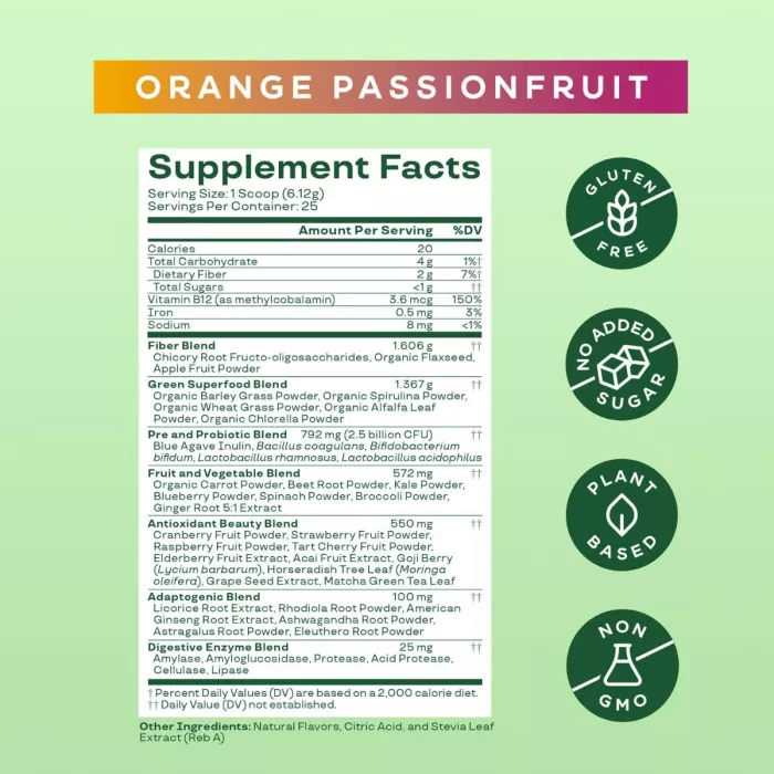 Bloom Greens & Superfoods, Amestec De Super-alimente Verzi Cu Aroma De Fructul Pasiunii Si Portocala, 141 G