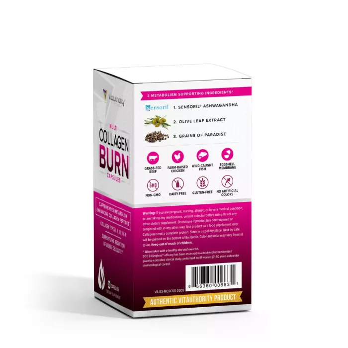 Vitauthority - Multi Collagen Burn: Caffeine-free Metabolism Enhancing Collagen Peptides, Formula Pentru Reducerea Celulitei Si Arderea Grasimilor, 60 Cps