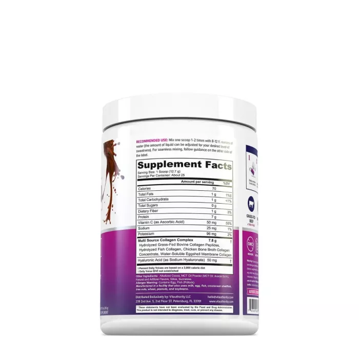 Vitauthority Multi Collagen Protein Plus, Colagen Cu Peptide Imbunatatite Cu Acid Hialuronic Si Vitamina C Cu Aroma De Ciocolata, 316 G