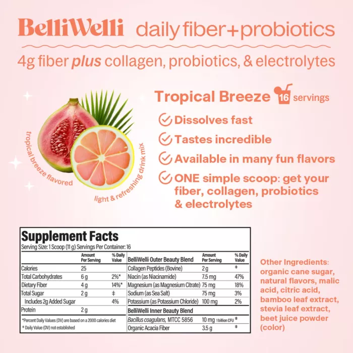 Belliwelli Daily Fiber And Probiotics, Belliwelli Daily Fiber And Probiotics, Amestec De Fibre, Probiotice Si Colagen Pentru Sanatatea Digestiva Si Sustinerea Pielii, Parului Si Unghiilor, 181 G