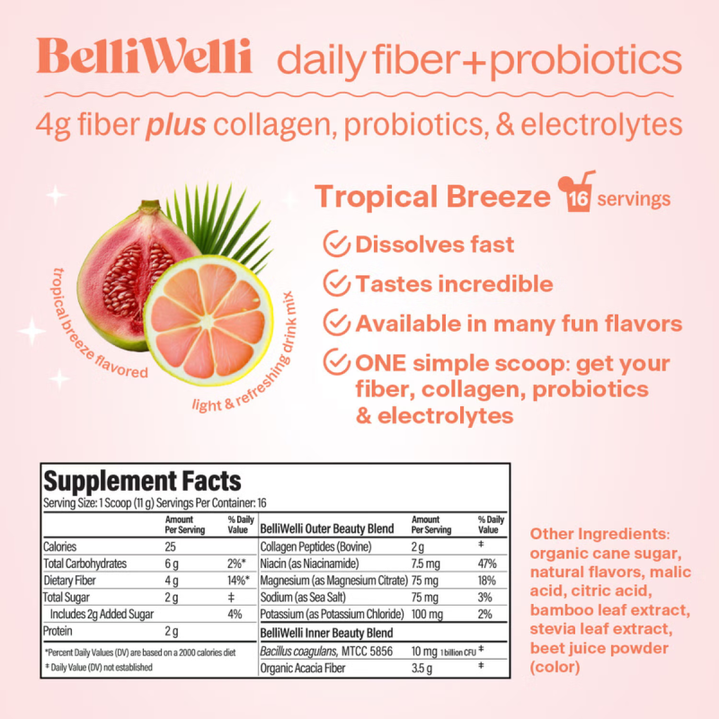 Belliwelli Daily Fiber And Probiotics, Belliwelli Daily Fiber And Probiotics, Amestec De Fibre, Probiotice Si Colagen Pentru Sanatatea Digestiva Si Sustinerea Pielii, Parului Si Unghiilor, 181 G