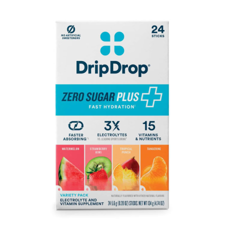 Dripdrop Zero Sugar Plus+ Electrolyte Drink Mix, Variety Pack, Electroliti Fara Zahar Cu Absorbtie Rapida Cu Diferite Arome, 134 G