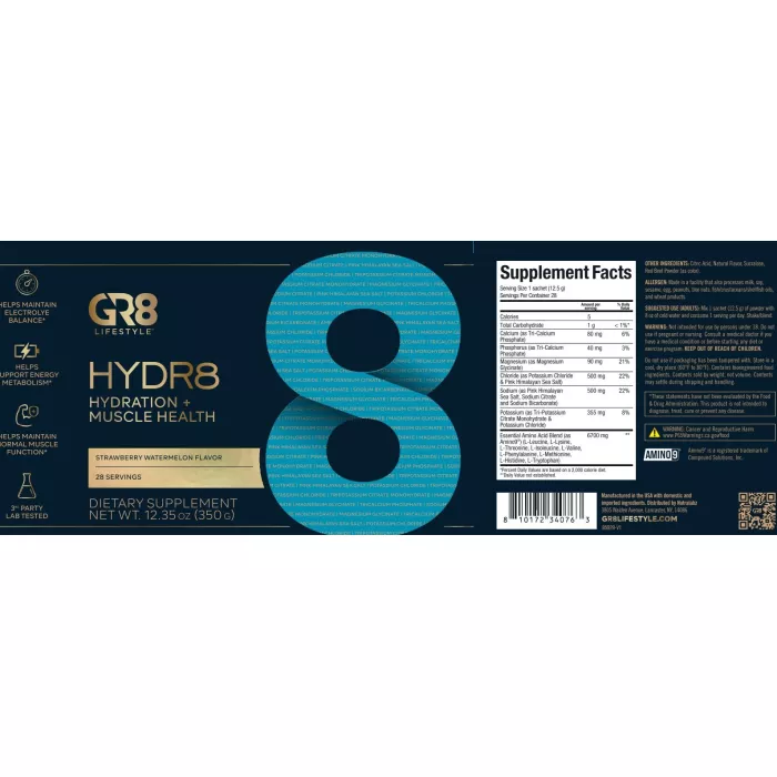 Gr8 Lifestyle Hydr8 Hydration And Muscle Health With Strawberry Watermelon Flavor, Hidratare Avansata Si Suport Muscular, Cu Aroma De Capsuni Si Pepene, 350 G