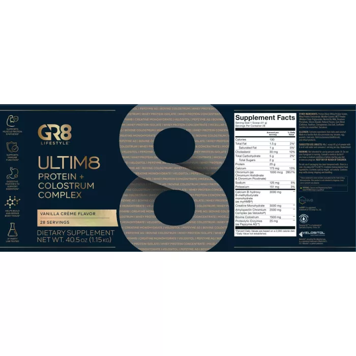 Gr8 Lifestyle Ultim8 Protein And Colostrum Complex With Vanilla Creme Flavor, Proteina Si Complex Cu Colostru, Cu Aroma De Crema De Vanilie, 1.15 Kg