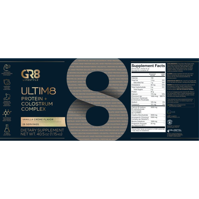Gr8 Lifestyle Ultim8 Protein And Colostrum Complex With Vanilla Creme Flavor, Proteina Si Complex Cu Colostru, Cu Aroma De Crema De Vanilie, 1.15 Kg