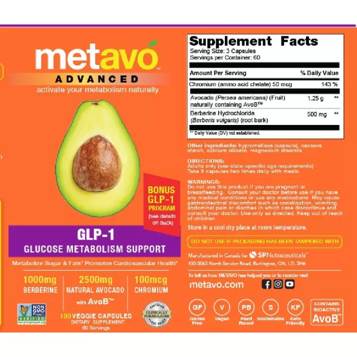Metavo Advanced Glp-1 Glucose Metabolism Support, Suport Avansat Pentru Metabolismul Glucozei Si Glp-1, 180 Cps