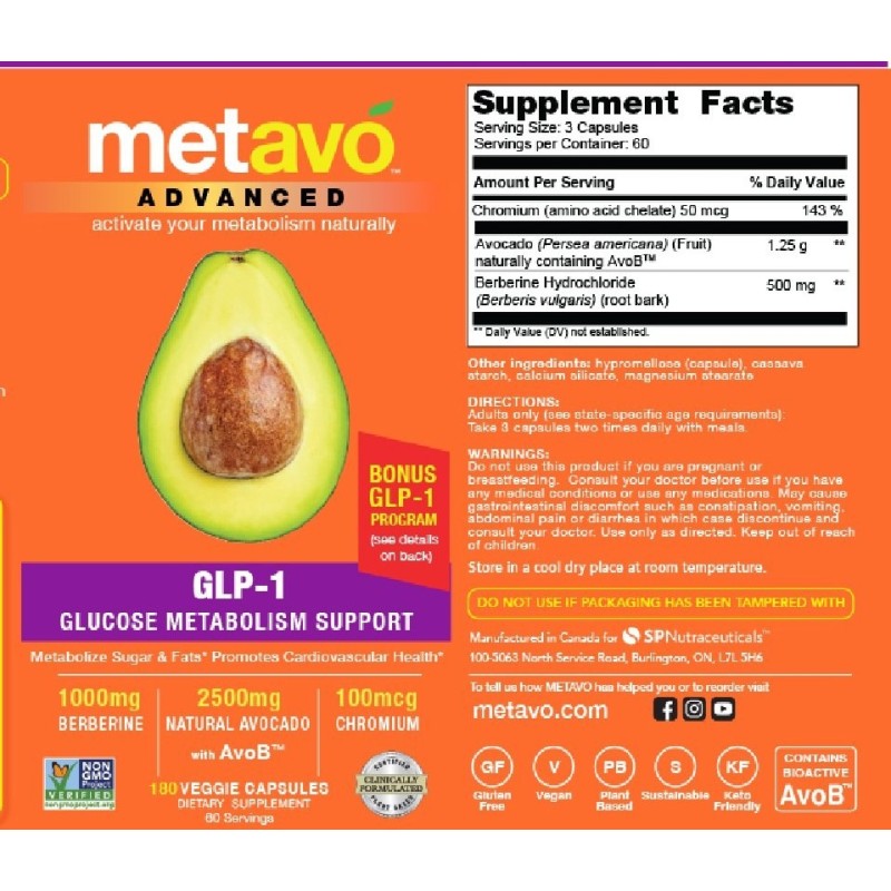 Metavo Advanced Glp-1 Glucose Metabolism Support, Suport Avansat Pentru Metabolismul Glucozei Si Glp-1, 180 Cps