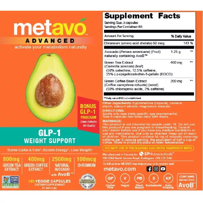 Metavo Advanced Glp-1 Weight Support, Formula Avansata Pentru Managementul Greutatii Cu Avob, 180 Cps