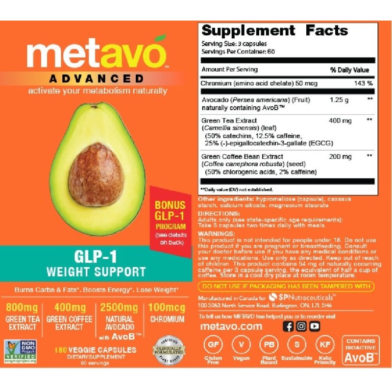 Metavo Advanced Glp-1 Weight Support, Formula Avansata Pentru Managementul Greutatii Cu Avob, 180 Cps