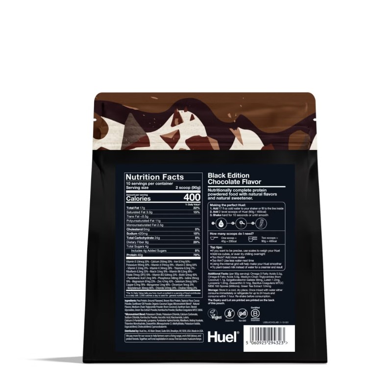 Huel Black Edition, High-protein Meal Powder, Masa Completa Bogata In Proteine 100% Vegana, Cu Aroma De Ciocolata, 900 G